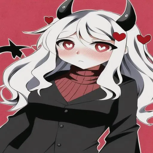 Demon_girl, ((chibi)), demon_horns, heart-shaped_pupils, demon_tail, white_hair, modeus_\(helltaker\), medium_hair, looking_at_viewer, sweater, red_sweater, ribbed_sweater, business_suit, heart, blush, heart-shaped_pupils, 1girl, solo, heart_eyes, long_sleeves, medium_hair, <hypernet:Modeus Abysorange 136.2-17000:1>