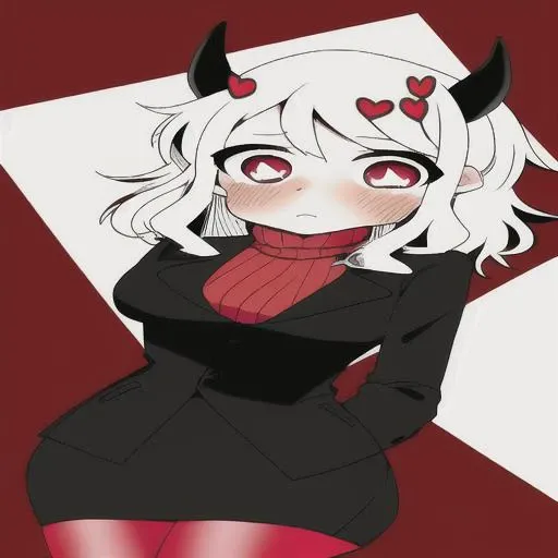 Demon_girl wearing a sundress, thick drawn lines, demon_horns, heart-shaped_pupils, demon_tail, white_hair, modeus_\(helltaker\), medium_hair, looking_at_viewer, <hypernet:Modeus Abysorange 136.2:1> .