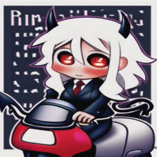 Demon_girl, sweater, on a motorcycle, chibi, business_suit, demon_horns, demon_tail, sleeves_past_wrists, white_hair, modeus_\(helltaker\) <hypernet:Modeus Abysorange 136.2:1> .