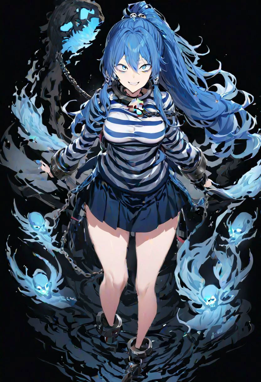 masterpiece, best quality, ultra-detailed, beautiful, nai3, 1girl, solo, full_body, tachi-e,
miyadeguchi_mizuchi, solo, 1girl, smile, shirt, long_sleeves, skirt, hair_ornament, teeth, ponytail, chain, cuffs, blue_hair, shackles, long_hair, chains, striped_shirt, striped, skull_hair_ornament, blue_eyes, hair_tubes, bags_under_eyes, ghost, glowing_eyes, wide-eyed, spirit,
