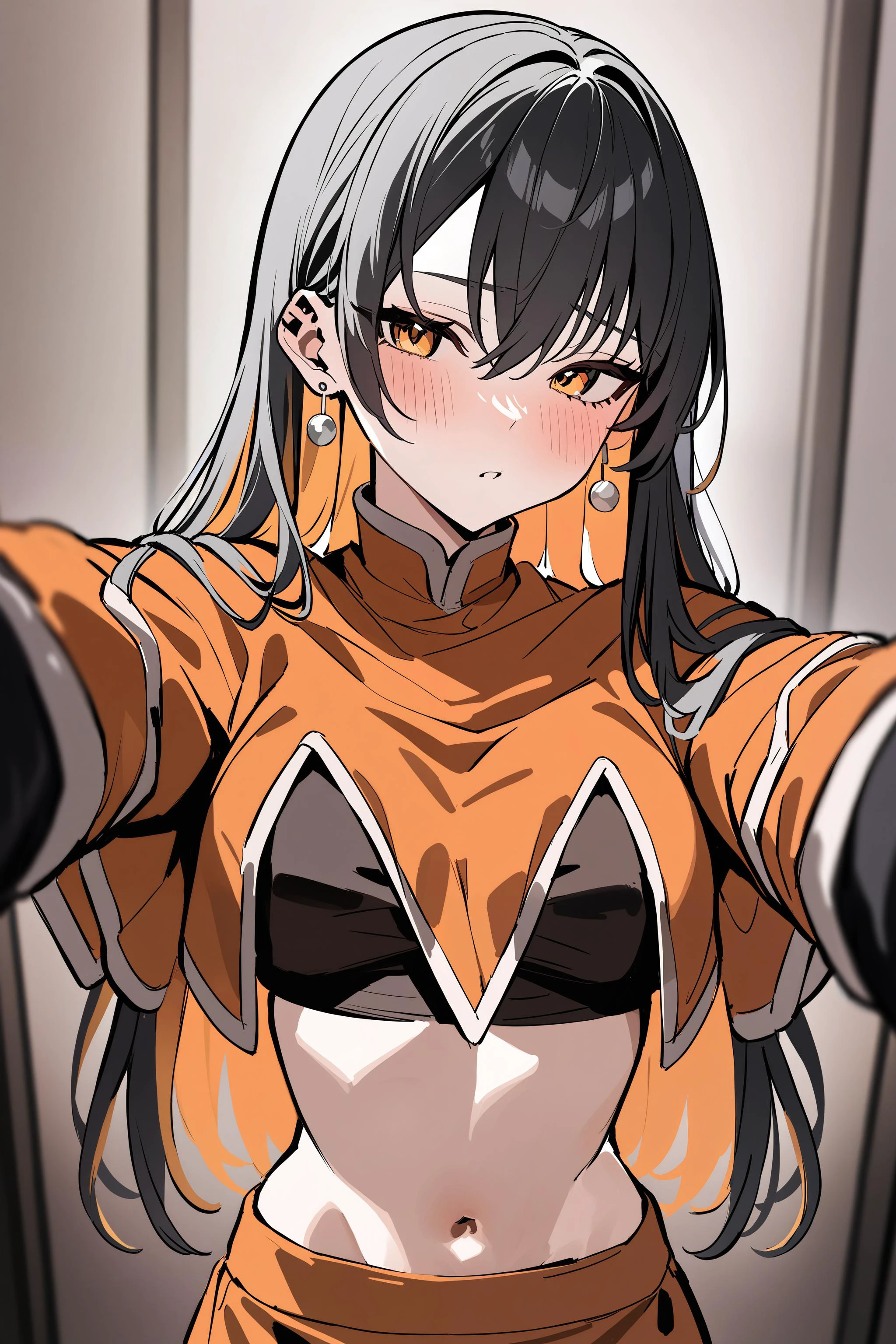 masterpiece, best quality, newest, 1girl, solo, looking at viewer, blush, blurry, pov, monerochan, black hair, colored inner hair, orange skirt, orange capelet, dark crop top, sleeves, navel, midriff, orange eyes, round stud earrings, <lora:monerochan_xl_2:1.0> <lora:xl_pov_cheek_warming_(meme)-000004:1.0>