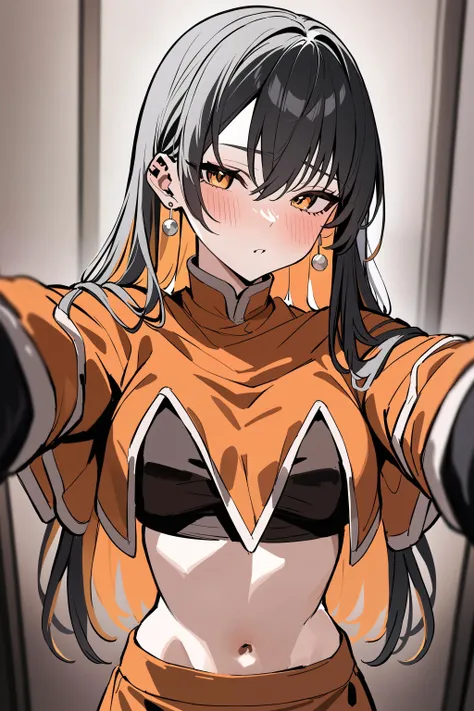 masterpiece, best quality, newest, 1girl, solo, looking at viewer, blush, blurry, pov, monerochan, black hair, colored inner hair, orange skirt, orange capelet, dark crop top, sleeves, navel, midriff, orange eyes, round stud earrings,  <lora:monerochan_xl_2:1.0> <lora:xl_pov_cheek_warming_(meme)-000004:1.0>