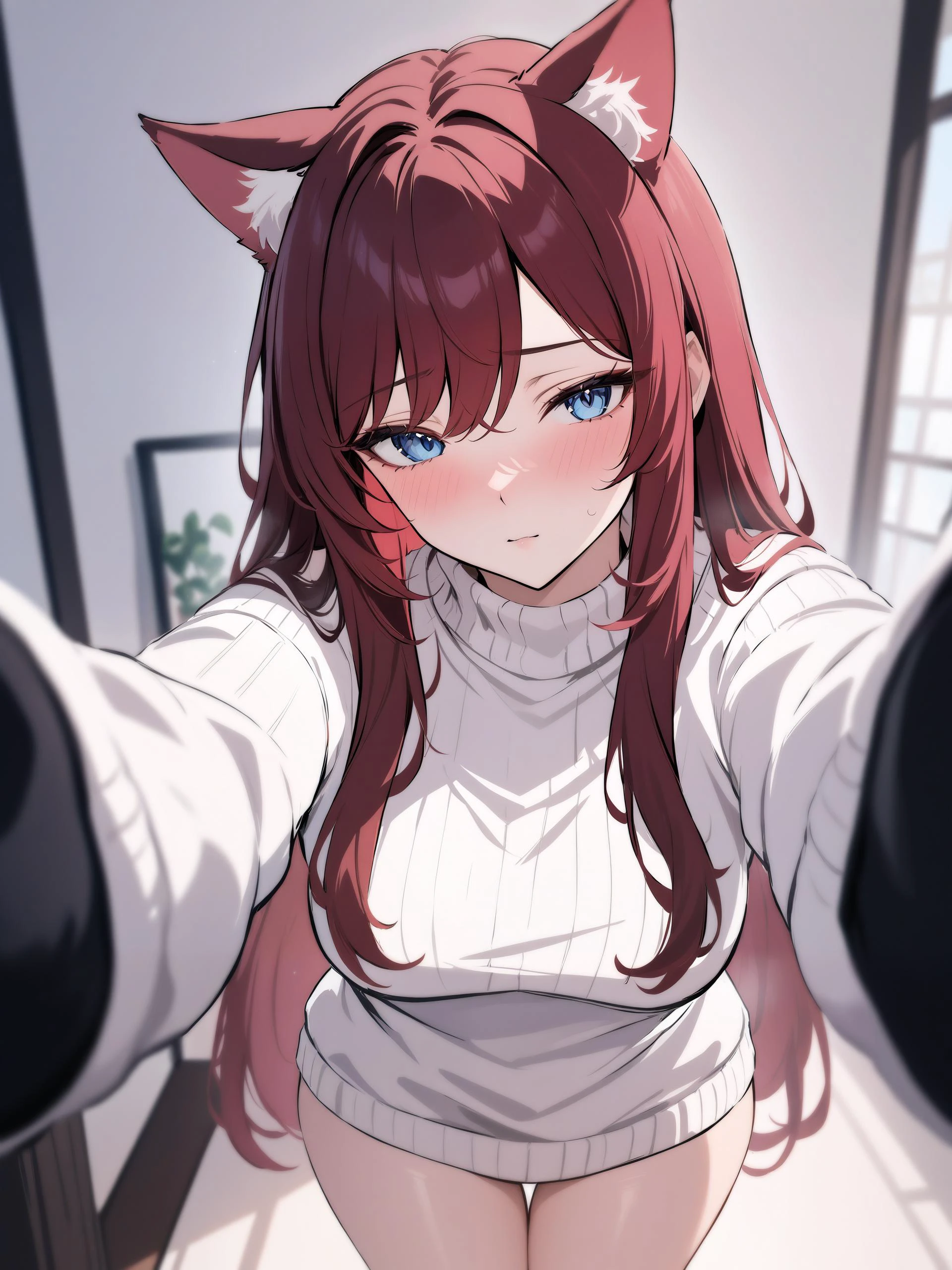 masterpiece, best quality, newest, 1girl, solo, pov, looking at viewer,blush, blurry, raifu, dark red hair, straight hair, long hair, blue eyes, cat ears, (medium breasts:0.8), mature female, white sweater, bare legs, <lora:raifu-step00010000:0.8> <lora:xl_pov_cheek_warming_(meme)-000004:1.0>