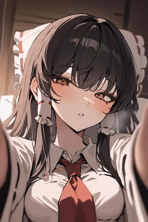 masterpiece, best quality, newest, 1girl, solo, looking at viewer, blush, blurry, pov, hakurei reimu, black hair, medium breasts, (nipple slip:0.4), <lora:xl_pov_cheek_warming_(meme)-000004:1.0> <lora:hakurei_reimu_xl_2:1.0>