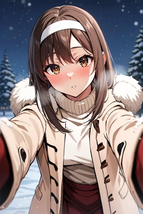 masterpiece, best quality, highres booru, 1girl, solo, pov, looking at viewer, blush, snowing, snow, beige coat, red skirt, white hairband, aoyama nanami, blurry, <lora:aoyama_nanami_xl_2:0.7> <lora:xl_pov_cheek_warming_(meme)-000004:1.0>