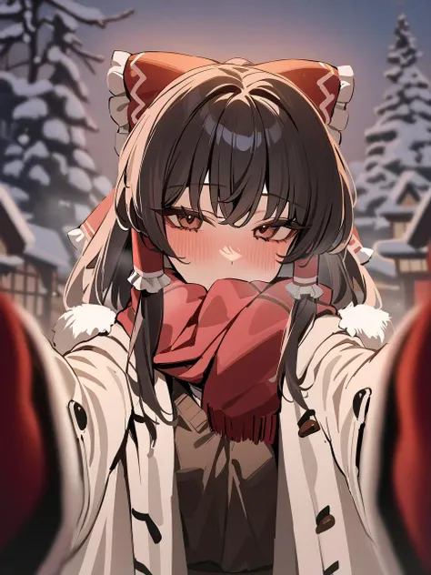 masterpiece, best quality, newest, 1girl, solo, pov, looking at viewer, blush, winter clothes, coat, scarf, blurry, touhou, hakurei reimu, <lora:xl_pov_cheek_warming_(meme)-000004:1.0> <lora:hakurei_reimu_xl_2:1.0>