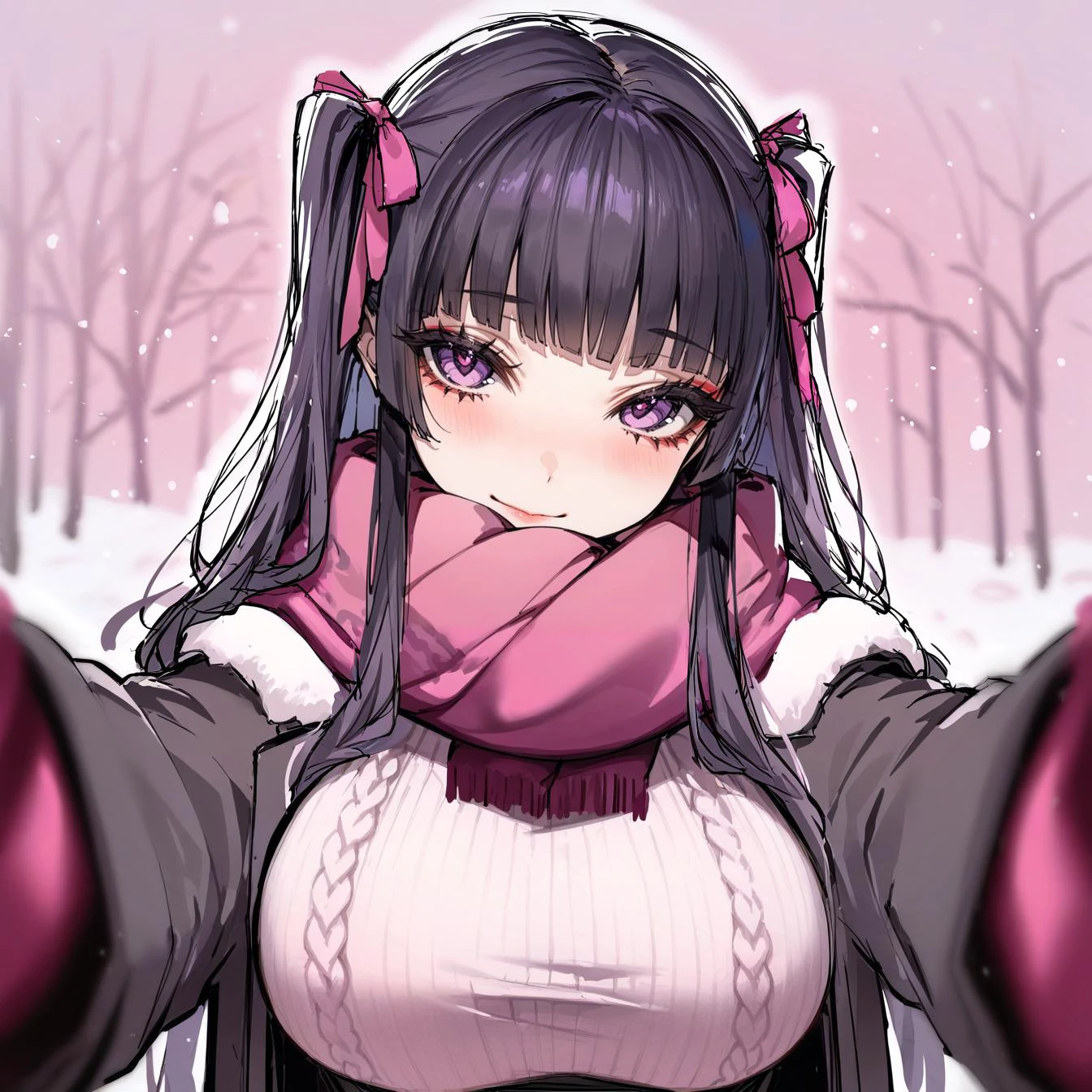 1girl, solo, black long hair, twintails, blunt bangs, pink ribbon, black hair, purple eyes, long eyelashes, red eyeliner,
large breasts, (jirai kei:1.042),
(knitted sweater:1.2)
(pink scarf,looking at viewer,blush,black and pink theme winter clothes,black coat,blurry,pov:1.1)
seductive smile,
Winter city, snowing,
(watercolor \(medium\):1.03), graphite \(medium\), sketch, best quality, <lora:MichikingXLV1:1> <lora:sdxl2-flat2-512b:-0.8> <lora:kincora_XL_style_v01.10.02:0.45> <lora:xl_pov_cheek_warming_(meme):1>