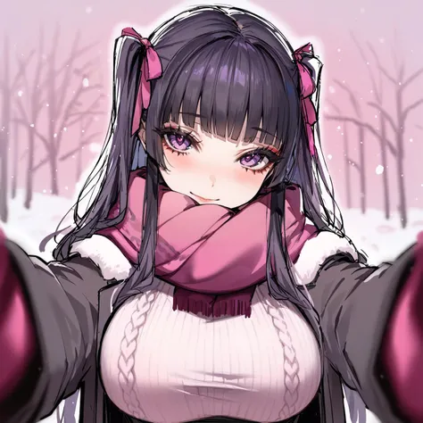 1girl, solo, black long hair, twintails, blunt bangs, pink ribbon, black hair, purple eyes, long eyelashes, red eyeliner,
large breasts, (jirai kei:1.042), 
(knitted sweater:1.2)
(pink scarf,looking at viewer,blush,black and pink theme winter clothes,black coat,blurry,pov:1.1)
seductive smile,
Winter city, snowing,
(watercolor \(medium\):1.03), graphite \(medium\), sketch, best quality,  <lora:MichikingXLV1:1>  <lora:sdxl2-flat2-512b:-0.8> <lora:kincora_XL_style_v01.10.02:0.45> <lora:xl_pov_cheek_warming_(meme):1>