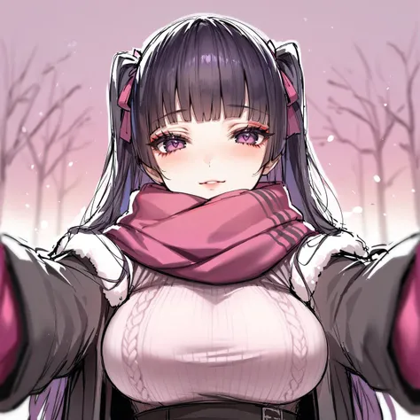 1girl, solo, black long hair, twintails, blunt bangs, pink ribbon, black hair, purple eyes, long eyelashes, red eyeliner,
large breasts, (jirai kei:1.042), 
(knitted sweater:1.2)
(pink scarf,looking at viewer,blush,black and pink theme winter clothes,black coat,blurry,pov:1.1)
seductive smile,
Winter city, snowing,
(watercolor \(medium\):1.03), graphite \(medium\), sketch, best quality,  <lora:MichikingXLV1:1>  <lora:sdxl2-flat2-512b:-0.8> <lora:kincora_XL_style_v01.10.02:0.45> <lora:xl_pov_cheek_warming_(meme):1>