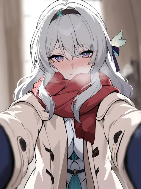 masterpiece, best quality,
1girl,scarf,looking at viewer,blush,winter clothes,coat,blurry,pov,
firefly \(honkai: star rail\), 1girl, solo, white dress, long sleeves, blue thighhighs,jacket,
<lora:firefly:1> <lora:xl_pov_cheek_warming_(meme):1>