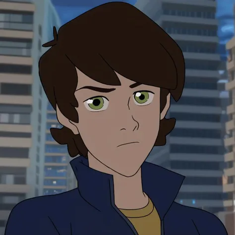 Peter parker has green eyes and brown hair. In the city.