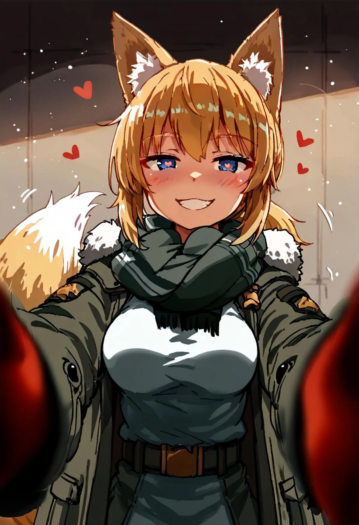 ASCII, (solo), 1girl, Vesna, blond, short hair, ponytail hair hair, bangs, blue eyes, narrowed eyes, happy, catty smile, in love, hearts around head, heart-shaped pupils, scarf, looking at viewer, fox ears, fox tail, medium breasts, wagging tail, motion lines, blush, winter clothes, coat, blurry, pov, (masterpiece), code_9, code_8_up, code_7_up, code_6_up