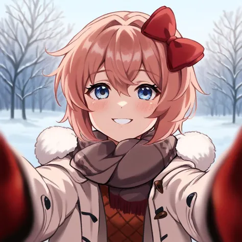 1girl, solo, score_9, score_8_up, score_8, volumetric lighting, detailed hair, ddlcsayori, blue eyes, hair between eyes, hair bow, hair ornament, pink hair, red bow, short hair, scarf,looking at viewer,blush heavily,winter clothes,coat,blurry,pov, snowy town background, happy, smile, background trees, snow falling