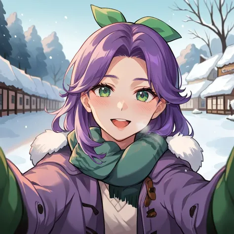 1girl, solo, score_9, score_8_up, score_8, source_anime, volumetric lighting, detailed hair, NSAbigailStardew, purple hair, green eyes, long hair, parted bangs, green hair ribbon, green scarf,looking at viewer,blush heavily,winter clothes,purple coat,blurry,pov, snowy town background, happy, open mouth, cold breath, background dark trees, snow falling, atmospheric haze