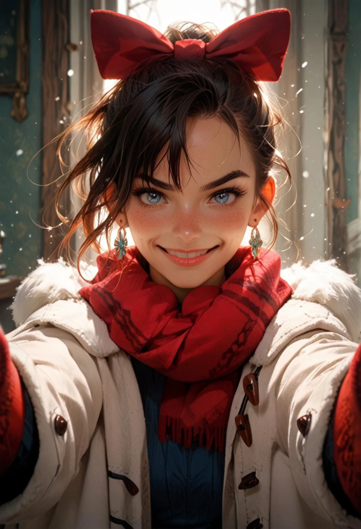 score_9, score_8_up, score_7_up, score_6_up, god rays, interesting background, unique background, dramatic light, dramatic pose, dramatic angle,
1girl, IncrsChkWarmingMeme, red scarf, pov, smile, blush, <lora:PovCheekWarmingMeme:1>, Bright blue eyes, winter, warm outfit, gloves, asymmetrical bangs, earrings, hair bow, closed mouth,