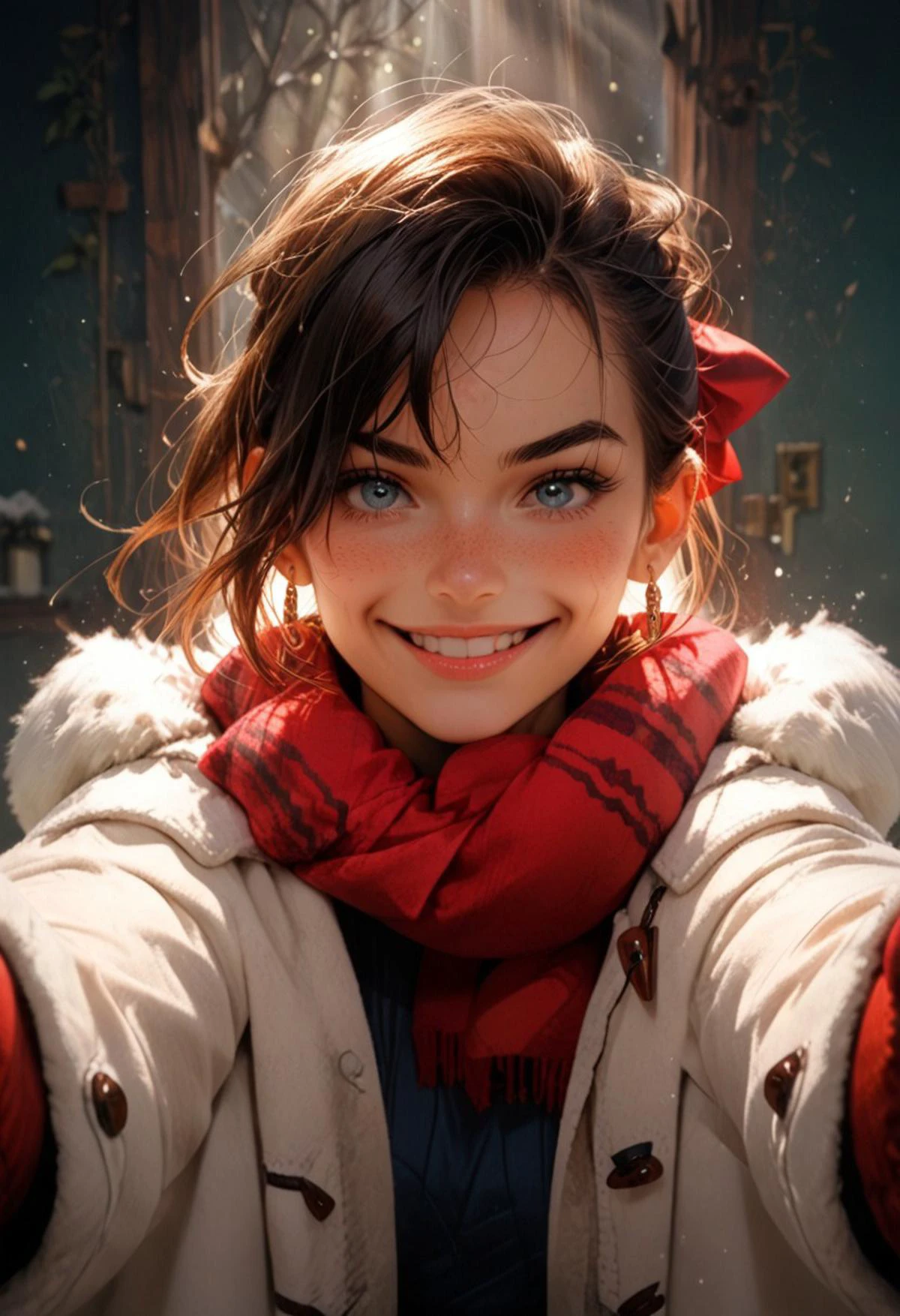 score_9, score_8_up, score_7_up, score_6_up, god rays, interesting background, unique background, dramatic light, dramatic pose, dramatic angle,
1girl, IncrsChkWarmingMeme, red scarf, pov, smile, blush, <lora:PovCheekWarmingMeme:1>, Bright blue eyes, winter, warm outfit, gloves, asymmetrical bangs, earrings, hair bow, closed mouth,