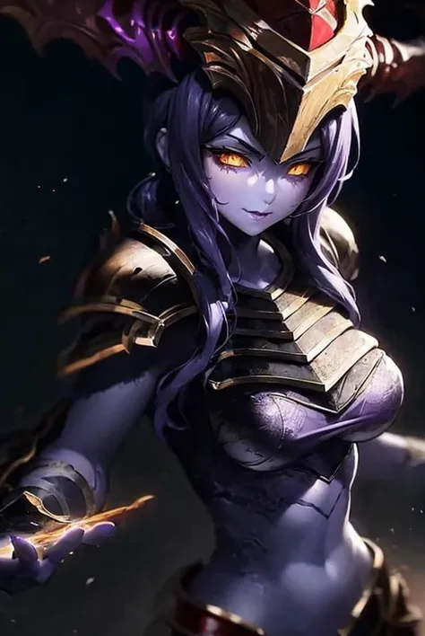 <lora:Shyvana:1>,The_Half_Dragon_Shyvana,(Purple_skin:1.2), (dragon girl:1.3), upper body, glowing yellow eyes,mature, fire particles, detailed background,angry eyes, smile, medieval battle scene,standing, large breasts,1girl,side lighting, wallpaper 4k ,high quality novel illustration, glare, looking at viewer, best quality, (masterpiece:1.4), red backlighting,extremely detailed CG, 8k wallpaper, thick, <lora:LowRA:1>,