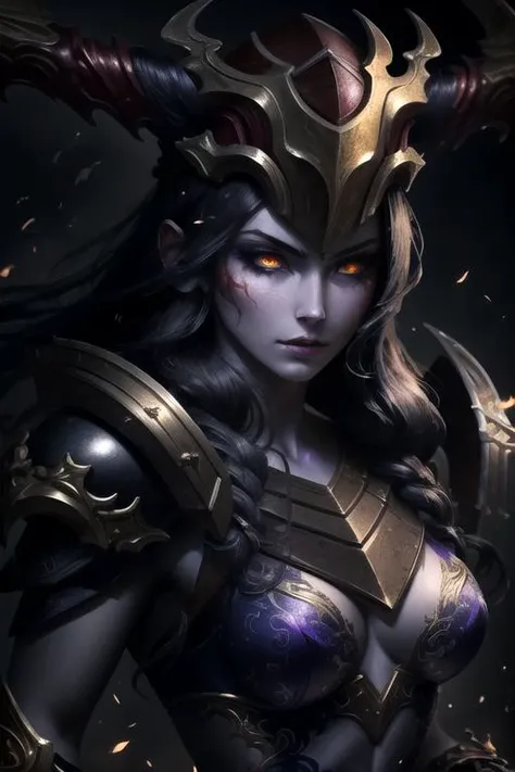 ((masterpiece, ultra detailed)), 1girl, solo, (upper body portrait), <lora:shyvanaClassicLora:0.7>, The_Half_Dragon_Shyvana, Purple_skin, Long_hair, (stunningly beautiful), medium breasts, beautiful face, beautiful eyes, red eyes shining with high intensity, glowing eyes, battle-stance ready, dynamic pose, <lora:lowra:0.6>, dark theme, <lora:muscleGirl:0.1>, muscular female, fit, abs, crepuscular rays, hdr, HDR, bloom, volumetric lighting, emissive lighting, high intensity lighting, glowing, dramatic lighting, dark lighting, (ornate), digital art, trending on artstation, award winning, fascinating, elegant, RAW photo, absurdres, 8k uhd