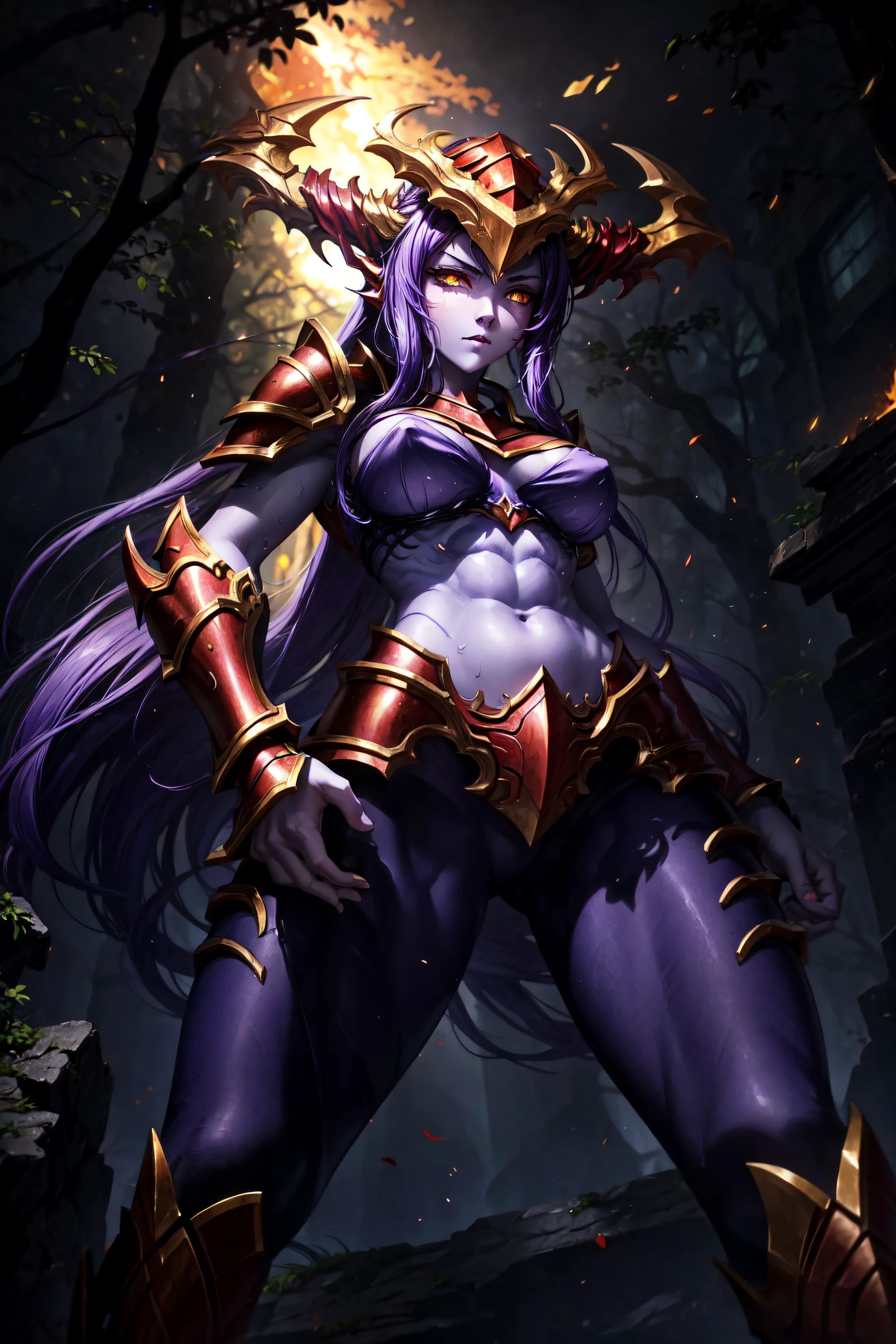 masterpiece,high quality,best quality,4k,super detailed,4k,focus sharp, 1girl, shyvana,purple skin,purple hair,glowing eyes,small breast,yellow eyes,(breast armor:1.4),dragon scale armor,serious expression,arrogant face,fit,abs,sweat body,standing,(from below:1.6),close up,lookint at viewer,(dark forest background),fire light, <lora:Shyvana_V1:0.7>, <lora:LAS:0.4>,<lora:add_detail:0.5>