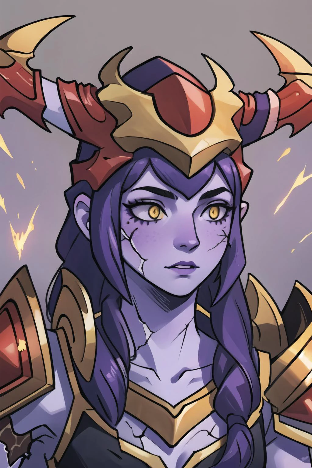 best quality, intricate details,
<lora:shyvanaClassicLora_shyvanav1:0.8> The_Half_Dragon_Shyvana, Purple_skin, Long_hair,
<lora:crackedFractured_final:0.8> glowing cracks, cracked skin, shattered skin, fractured skin, broken skin,