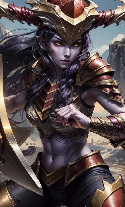 (masterpiece:1.2), (best quality), (ultra detailed), (8k, 4k, intricate),(full-body-shot:1), (highly detailed:1.2),(detailed face:1.2),(detailed background),detailed landscape, (dynamic angle:1.2), (dynamic pose:1.2), (detailed eyes), The Half Dragon Shyvana, Purple skin, Long hair, red armor, yellow eyes, (dragon scales:1.1) , tattoo, floating hair, (hand up), (fighting stance:1.4), fire emblem, close-up, <lora:more_details:0.6> <lora:Shyvana:0.9>