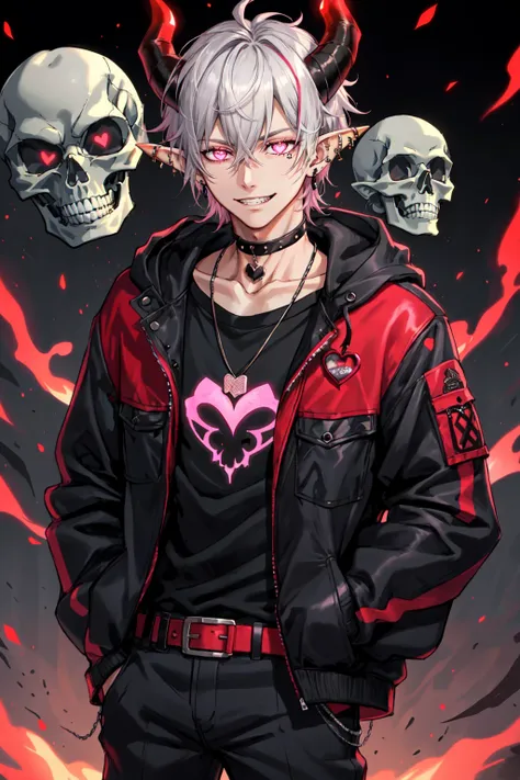 <lora:Psychogen_v2:0.5> Psychogenic Dream Style, 1boy, belt, black choker, black jacket, black shirt, choker, collarbone, demon boy, demon horns, ear piercing, earrings, glowing, glowing eyes, hair between eyes, hands in pockets, heart, hood, horns, jacket, jewelry, looking at viewer, male focus, necklace, open clothes, pants, piercing, pink eyes, pointy ears, shirt, short hair, skull, smile, solo, teeth, white hair, zipper