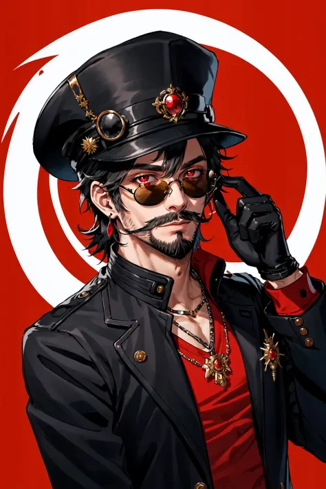 <lora:Psychogen_v2:0.5> Psychogenic Dream Style, 1boy, beard, black gloves, black hair, black headwear, black jacket, earrings, facial hair, gloves, hand up, hat, jacket, jewelry, looking at viewer, male focus, medium hair, mustache, necklace, red background, red eyes, red shirt, shirt, simple background, solo, sunglasses, tinted eyewear, upper body