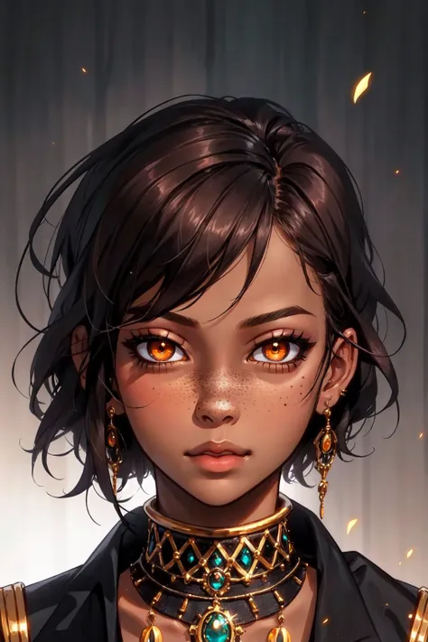 <lora:Psychogen_v2:0.5> Psychogenic Dream Style, 1girl, brown eyes, closed mouth, dark skin, dark-skinned female, freckles, jewelry, lips, looking at viewer, orange eyes, portrait, solo