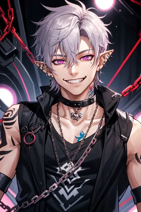 <lora:Psychogen_v2:0.5> Psychogenic Dream Style, 1boy, bound, chain, chained, collar, cuffs, ear piercing, earrings, fangs, gloves, grey hair, grin, hair between eyes, jewelry, looking at viewer, male focus, piercing, pink eyes, pointy ears, purple eyes, shirt, short hair, smile, solo, tattoo, teeth, white hair