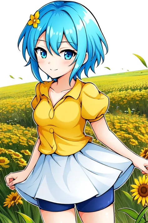 1 girl, outdoors, field of flowers,
 <lora:Illusion_of_Gaia_-_Lilly:0.7> gaialilly, short hair, pixie cut, messy hair, light blue hair, blue eyes,
yellow blouse, juliet sleeves, short sleeves, blue shorts, white skirt, shorts under skirt,