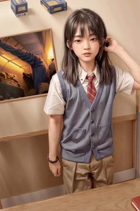 bilibiliccz, Private school boy. Dormitory room. Uniform clad. Absent-minded gaze. Book-laden desk. Bunk bed. Striped tie. School emblem. Laid-back posture. Casual comfort. Moody lighting. Stacks of textbooks. Wall posters. Personal belongings scattered.