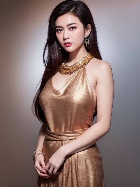 (photorealistic:1.4),(raw photo:1.2),official art,(extremely detailed CG:1.2), (masterpiece:1.2), (best quality:1.2),looking at viewer,(1girl),(long hair),standing,(thai tradition dress:1.05),pink dress,dynamic pose,(tradition shoulder shawl),((brown skirt)),(golden jewelry), huge  breasts,  masterpiece, best quality, <lora:gzl:0.7>
