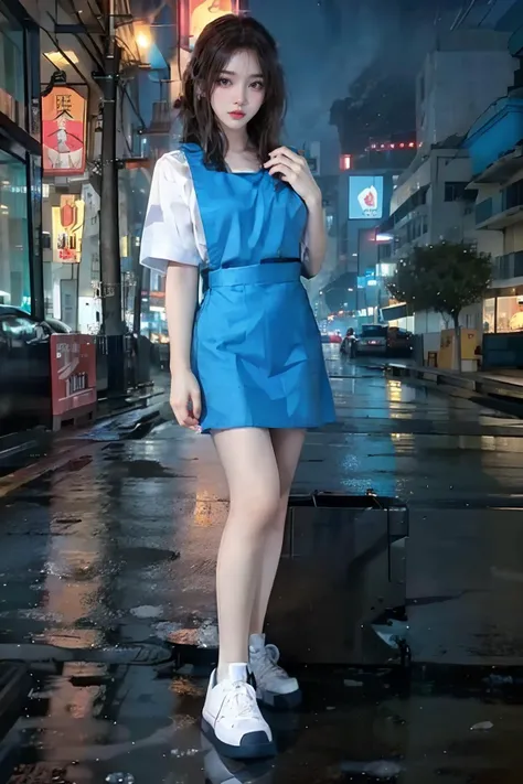 1girl with cute face, black hair, slender, wearing white shirt, pinafore, (blue uniform:1.2), (white shoes:1.2), <lora:msu3-000008:0.8>, full body, standing, outdoor, street, (night:1.5), neon light, dark, cyberpunk 2077, best quality, masterpiece, ultra high res, photorealistic, hyperrealistic, <lora:asianGirlsFace_v1:0.3> <lora:OrientalBeauty_2_1:0.3> <lora:Cyberpunk 2077:0.5> <lora:è
¿:0.4> <lora:Cyberpunk_20240203065206:0.5>