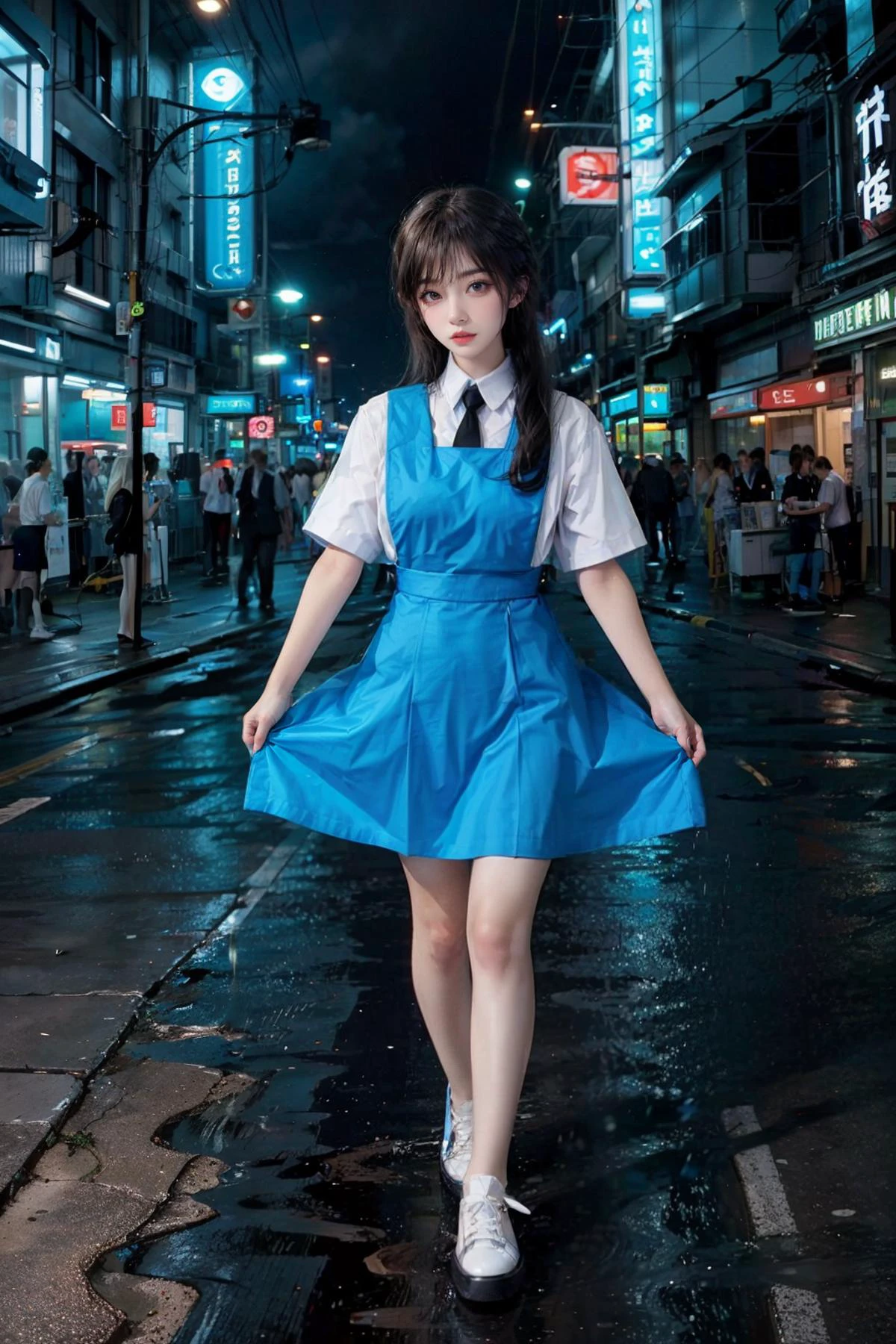 1girl with cute face and black hair, walking, slender, wearing white shirt, pinafore, (blue uniform:1.2), black tie, white shoes, <lora:msu3-000008:0.8> night, neon background, neon city,( futuristic:1.2), rain, full body, (masterpiece, top quality, best quality, official art, beautiful and aesthetic:1.2) <lora:asianGirlsFace_v1:0.3> <lora:OrientalBeauty_2_1:0.3> <lora:add_detail:0.5> <lora:futuristic_interior_composer:0.5>