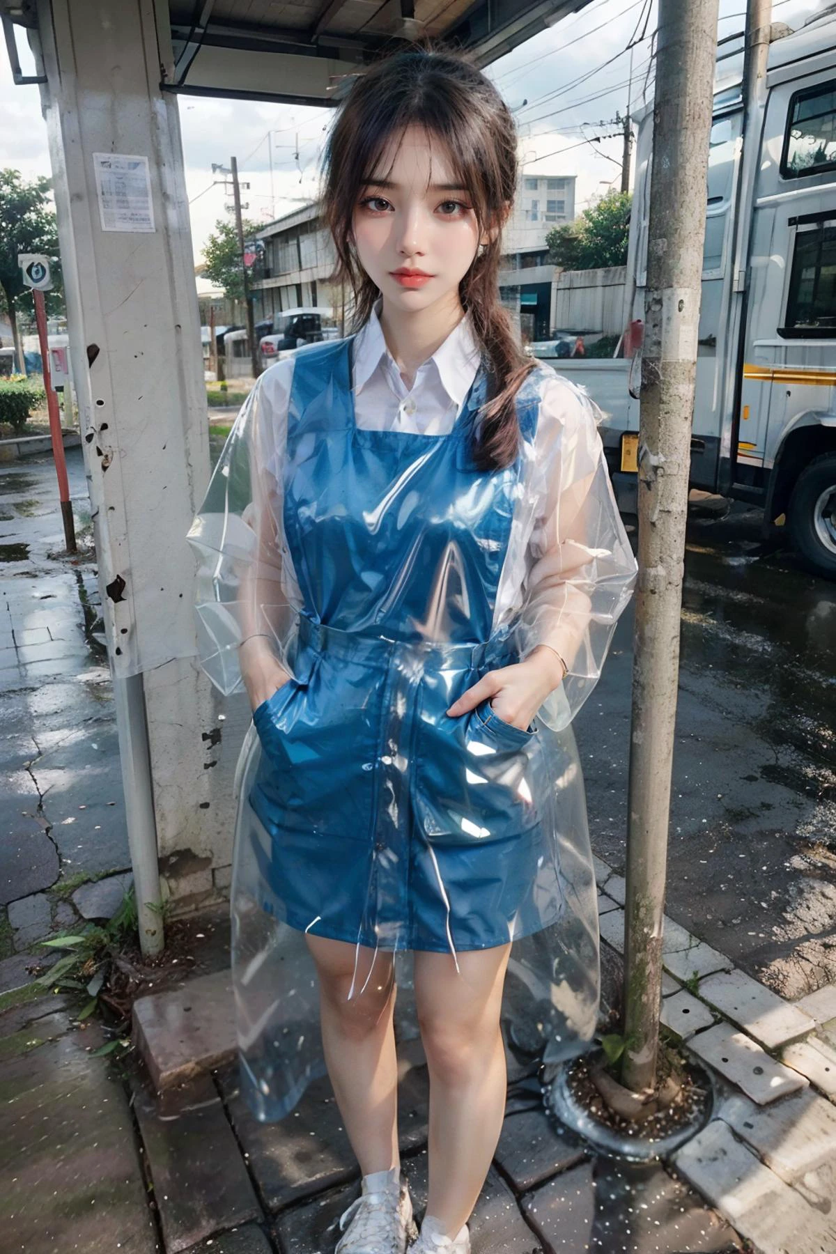 1girl with cute face and black hair ponytail, standing, slender, wearing white shirt, pinafore, (blue uniform:1.2), white shoes, waiting at bus stop, <lora:transparent raincoat2-000008:0.9> (transparent raincoat:1.2), hood down <lora:msu3-000008:0.8> best quality, masterpiece, ultra high res, (photorealistic:1.4), raw photo <lora:asianGirlsFace_v1:0.3> <lora:OrientalBeauty_2_1:0.3> <lora:add_detail:0.5> <lora:FilmG4:0.3>