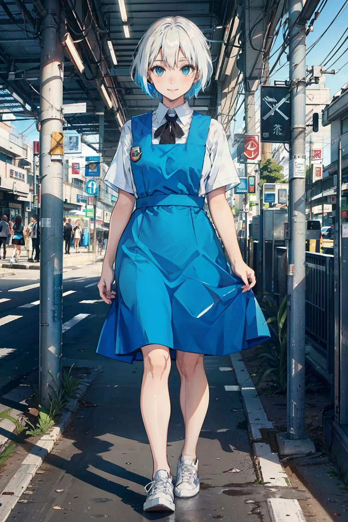 masterpiece, best quality, outdoor, bus station, 1girl with short white hair, wearing blue uniform, black tie, white shirt, blue pinafore dress, long legs, slender, tall, white shoes, smile, intricate skirt, standing inside bus station, on the phone, (colorful), (delicate eyes and face), volumetric light, ray tracing, wide shot, extremely detailed CG unity 8k wallpaper, tokyo street, shops, (dark theme:1.3), light, windy <lora:msu3:0.8>