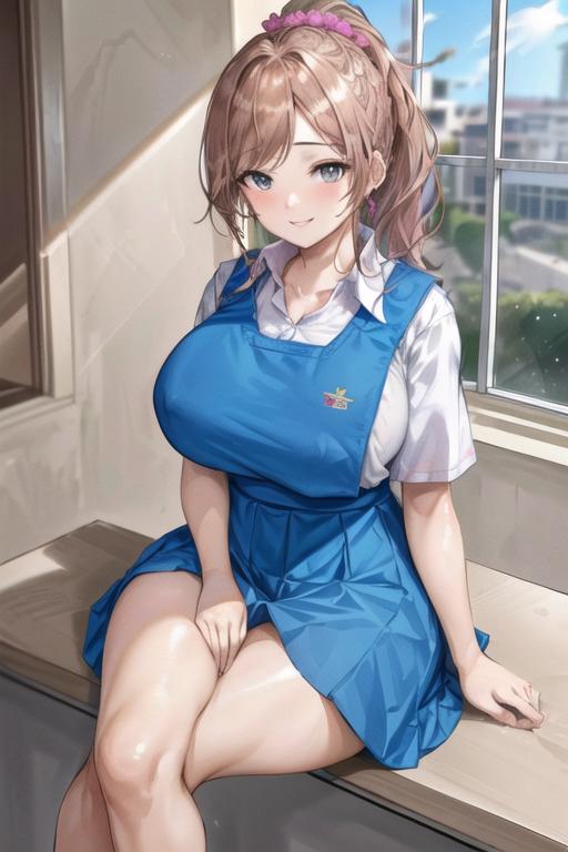 A woman sitting on a window sill in a blue dress - SeaArt AI