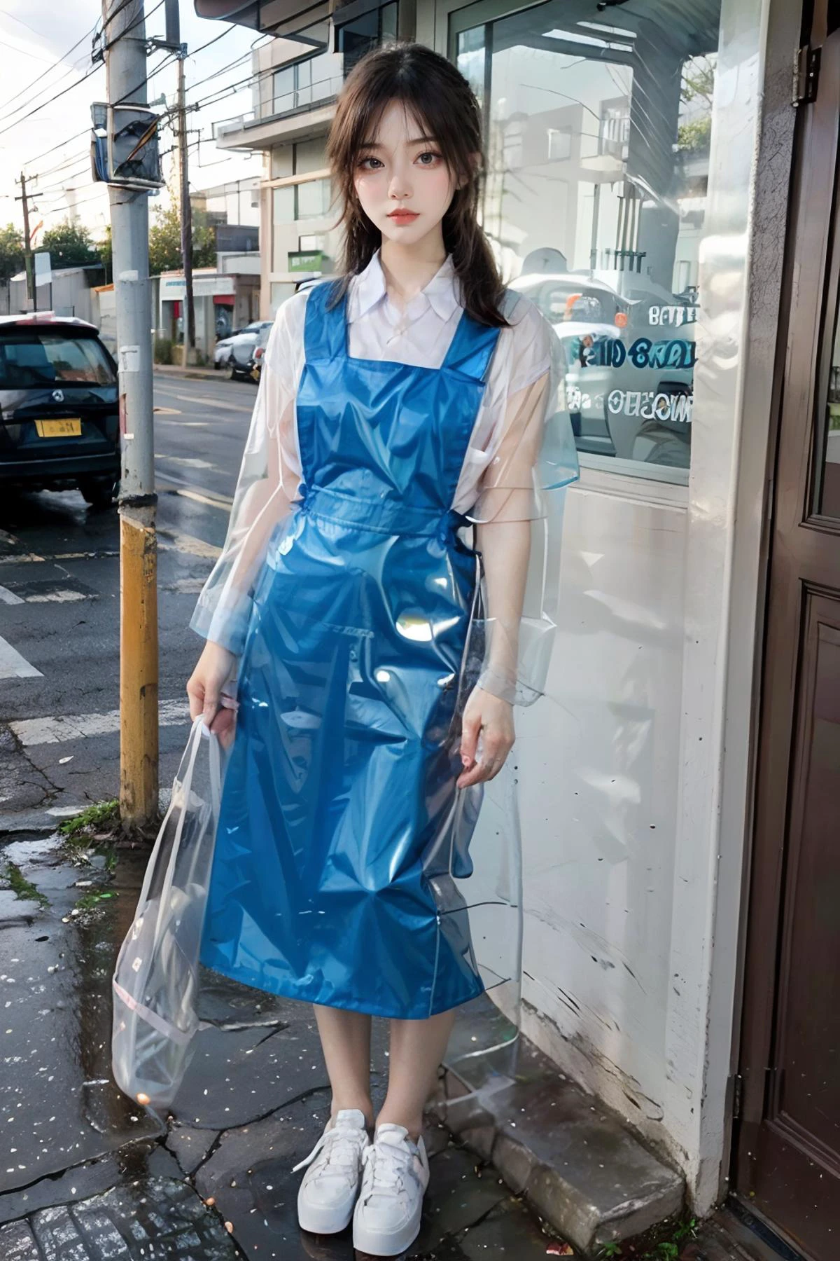 1girl with cute face and black hair ponytail, standing, slender, wearing white shirt, pinafore, (blue uniform:1.2), white shoes, waiting at bus stop, <lora:transparent raincoat2-000008:0.9> (transparent raincoat:1.2), hood down <lora:msu3-000008:0.8> best quality, masterpiece, ultra high res, (photorealistic:1.4), raw photo <lora:asianGirlsFace_v1:0.3> <lora:OrientalBeauty_2_1:0.3> <lora:add_detail:0.5> <lora:FilmG4:0.3>
