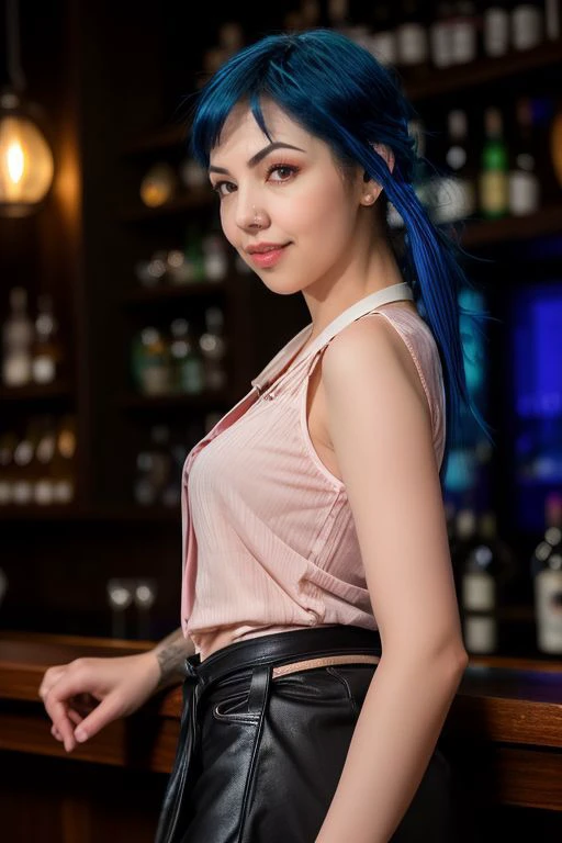 DEN_flaSG_jynxed,
working in a dark atmospheric bar, working behind the bar, pulling pints, bar, dark wood bar, atmospheric, wearing a shirt and tie and skirt,
bokeh, f1.4, 40mm, photorealistic, raw, 8k, textured skin, skin pores, intricate details <lora:epi_noiseoffset2:1>, epiCRealism <lora:ClothingAdjuster3:-0.8>