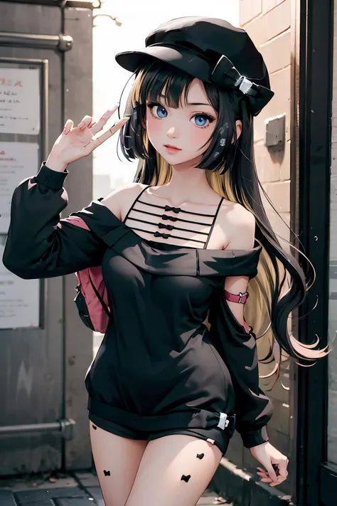 (masterpiece, best quality), 1girl,    <lora:nito_wai:1> nito wai, long hair, cabbie hat, off shoulder, black sweater, long sleeves, hat bow
