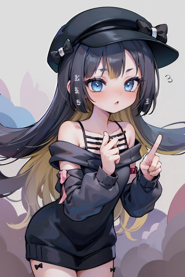 (masterpiece, best quality), 1girl, <lora:nito_wai:1> nito wai, long hair, cabbie hat, off shoulder, black sweater, long sleeves, hat bow