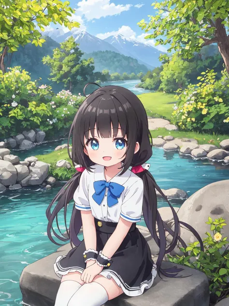 1girl,long hair,black hair,blue eyes,(black dress shirt),white thighhighs,blue bow,low twintails,ahoge,hinatsuru ai,solo,short sleeves,looking at viewer,mountain,river,nature,closed mouth,bangs,hair ribbon,outdoors,<lora:Hizuru-summer-lora-6.1-version2-000022:0.3>,white wristband,sitting,open mouth,:d,black skirt,