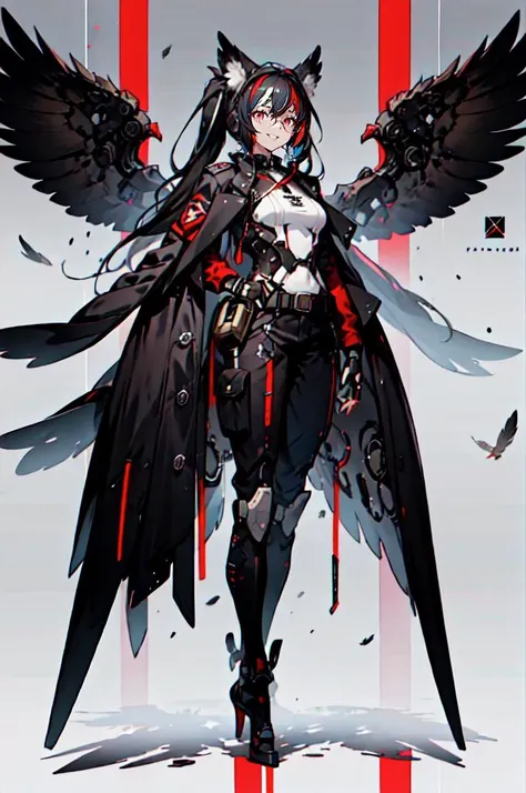 <lora:v1.0 olw ear_20230621153034:0.7> owl ear, wings, feathers, claws, mechanic, mechanical body,, ultra detailed, masterpiece, best quality, aesthetic, detailed,, solo, smug smile, 1girl, purple eyes, red-framed eyewear, (black hair, red colored tips:1.2), red streaked hair, very long hair, side ponytail, tied hair, medium breasts,, <lora:StS-Coat-and-Jacket-On-Shoulders-Iteration2:0.7> dataset, jacket on shoulders, coat on shoulders, red dress, sleeves rolled up, fingerless gloves, holster, belt, multiple belts, combat boots, bulletproof vest, pants, black coat, tactical clothes,