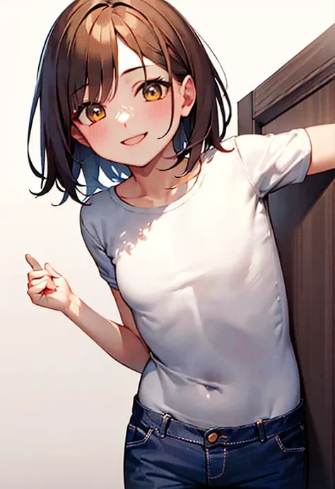 sfw,white background,simple background,1girl, solo, mature girl,yellow eyes,looking at viewer, smile, white background, yellow t-shirt,brown pants,brown hair,medium breasts,cowboy shot, <lora:Squeezer2:1>,
