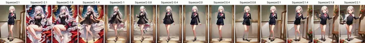 a concept art front view ((portrait, half body)) of a solo character with silver hair, standing wearing a suit, a pink and red aesthetic/theme, with flowers and [heart] designs on the clothing, ((full outfit with accessories and shoes)), ((two small/dainty hands/feet:)), big head/eyes, small mouth smug expression, white/simplr background, (painting), (masterpiece), (best quality), (intricately detailed), ((sfw)),  <lora:Squeezer2:1>