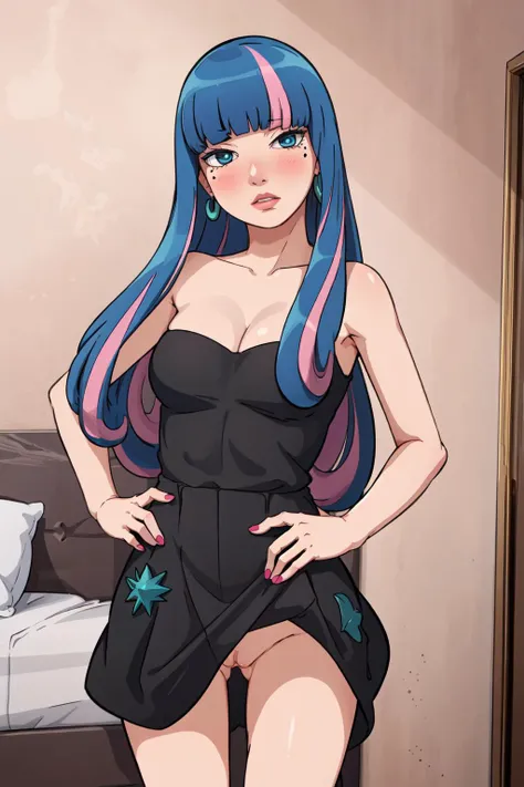 (masterpiece, best quality:1.3), eida, mole under eye, looking at viewer, lips, hand on hip, pink nails, pussy, long hair, blue hair, pink hair, multicolored hair, two-tone hair, bangs, blunt bangs, streaked hair, blush, blue eyes, earrings, black dress, medium breasts, cleavage, collarbone, strapless, bare shoulders, shiny skin, solo, indoors, bed, (detailed, highres:1.4) <lora:Function_Better.Hands:1> <lora:Character_Boruto_Eida:0.8> <lora:Function_Squeezer:0.2> <lora:Concept_Skirt.Lift:0.5> skirtlift