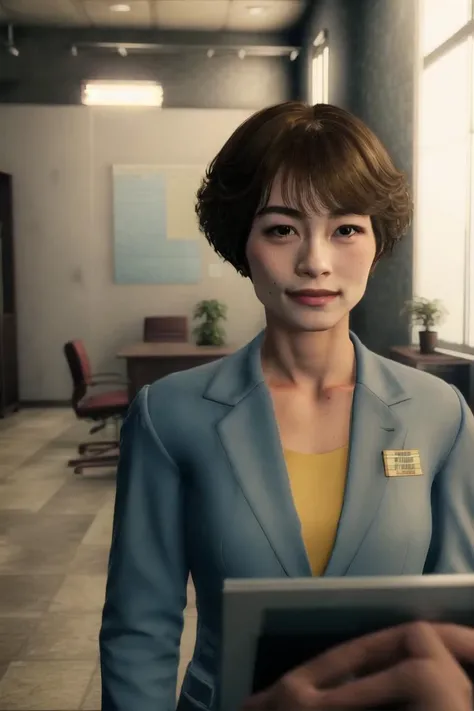<lora:ririka_(ryuu_ga_gotoku):1>, ririka (ryuu ga gotoku), 4k, high detail, studio lighting, masterpiece, best quality, 1girl, solo, short hair, mole, looking at viewer, office, id card, indoors, name tag, realistic, jacket, smile, mole under mouth, freckles, brown hair, black eyes, yellow shirt, black hair, upper body, shirt, blue jacket, chair, book, plant, closed mouth, checkered floor, bangs, tiles, potted plant, brown eyes, lips