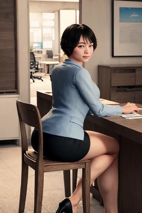 (masterpiece, best quality:1.2), <lora:ririka_(ryuu_ga_gotoku):.9>, ririka (ryuu ga gotoku), 1girl, solo, skirt, high heels, short hair, black hair, pencil skirt, office lady, jacket, smile, breasts, large breasts, blue jacket, black footwear, formal, suit, shoes, yellow shirt, black skirt, skirt suit, shirt, black eyes, lips, looking at viewer, sitting, blurry, indoors, from behind, sliding doors, shouji, from side, ass,