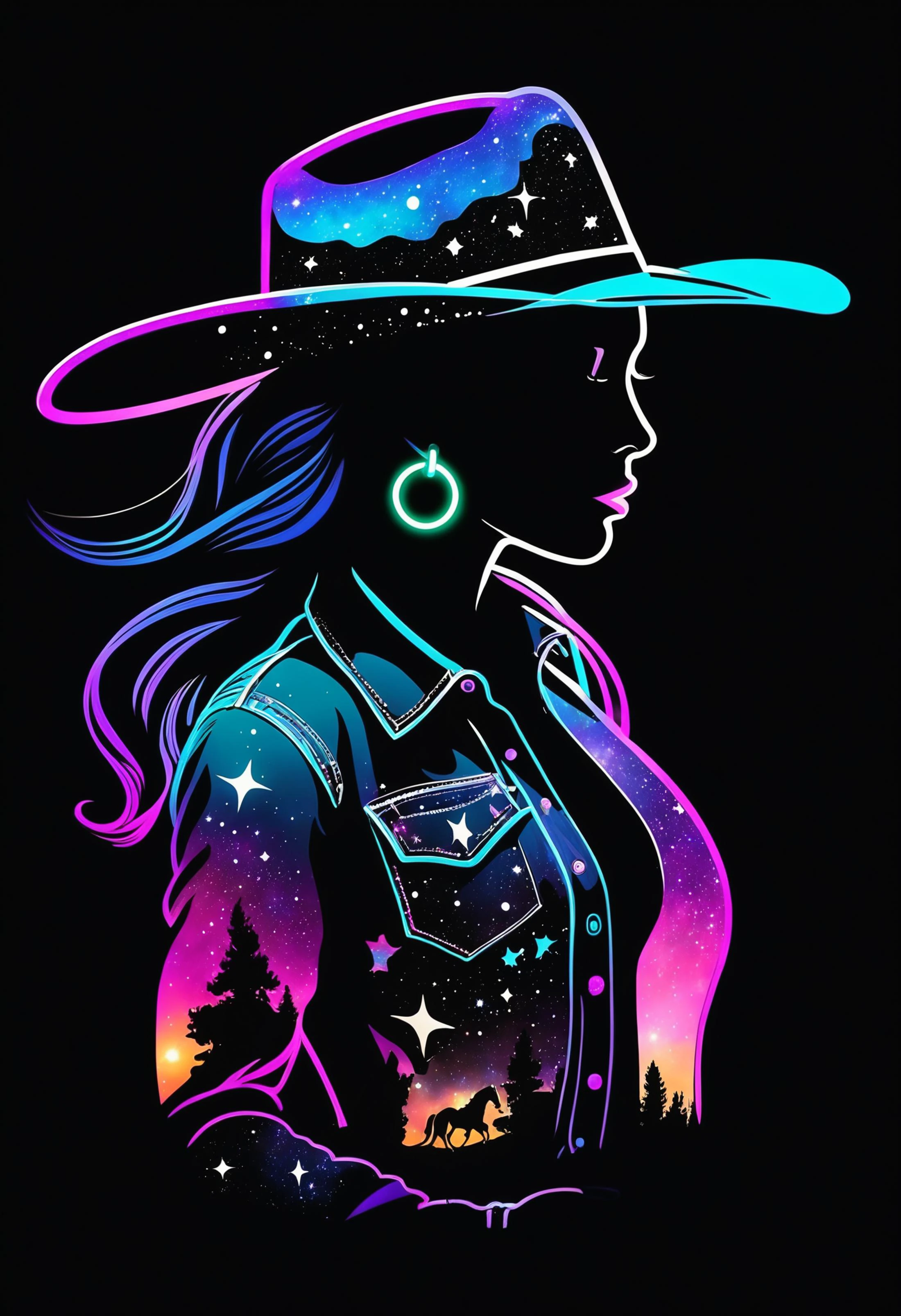 (galaxy double exposure cowgirl outline:1.1) on a (pitch black background:1.3), intergalactic silhouette, (contained galaxies:1.2) within a woman silhouette with neon hoop earrings