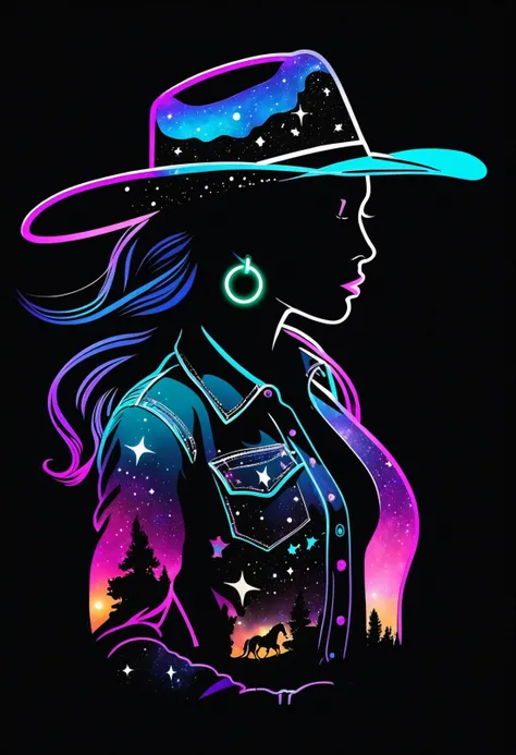 (galaxy double exposure cowgirl outline:1.1) on a (pitch black background:1.3), intergalactic silhouette, (contained galaxies:1.2) within a woman silhouette with neon hoop earrings